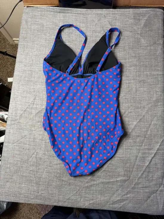 DKNY Swim Women's Ruched Polka Dot One-Piece Swimsuit Blue and Red Size 10 - Picture 5 of 8